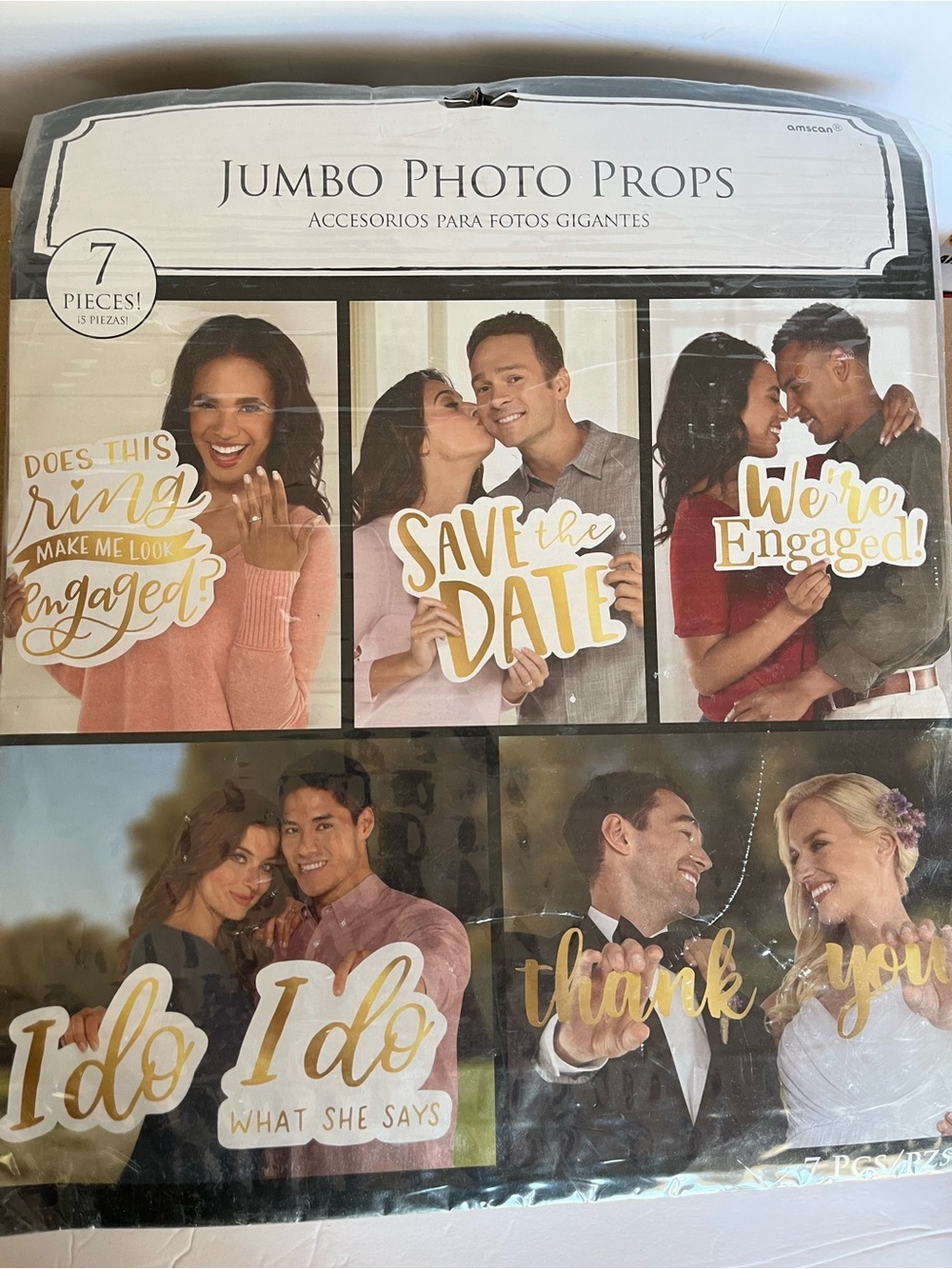 Jumbo Photo Props 7 piece set features large cutouts with gold foil text